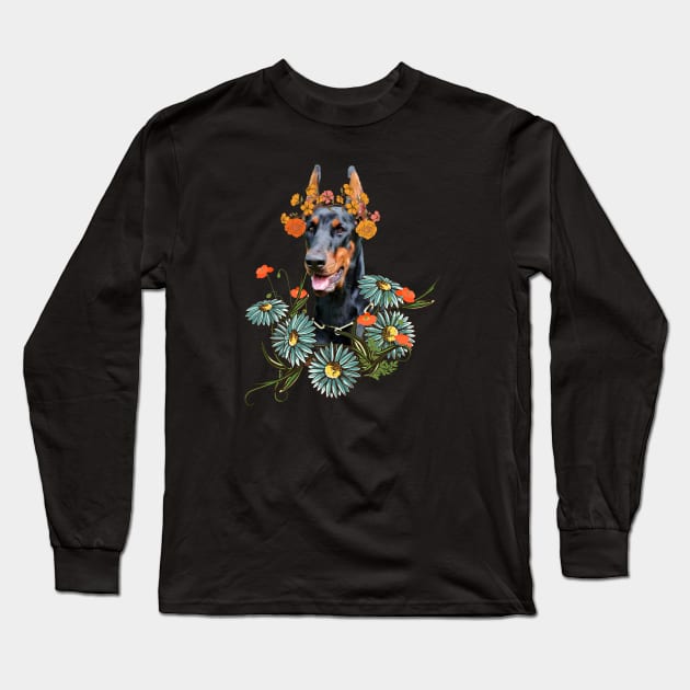 Doberman Flowers Long Sleeve T-Shirt by Foxxy Merch